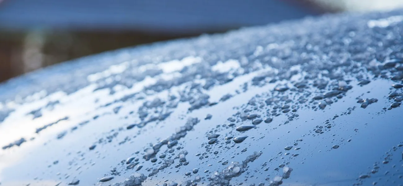 Water droplets sitting on a dark, glossy car bonnet